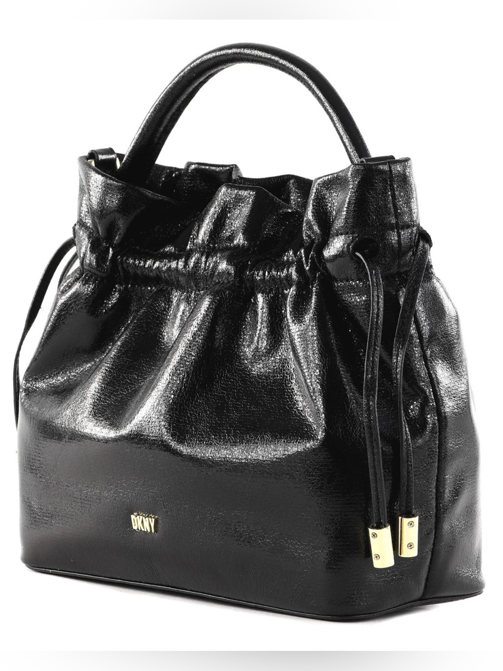 🖤 Small DKNY Black Patent Leather Drawstring Satchel with Gold Hardware - Picture 5 of 5
